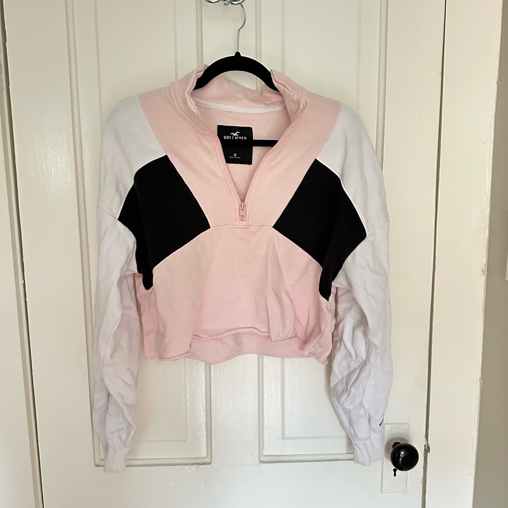 Hollister Pink, Black and White Crop Hoodie